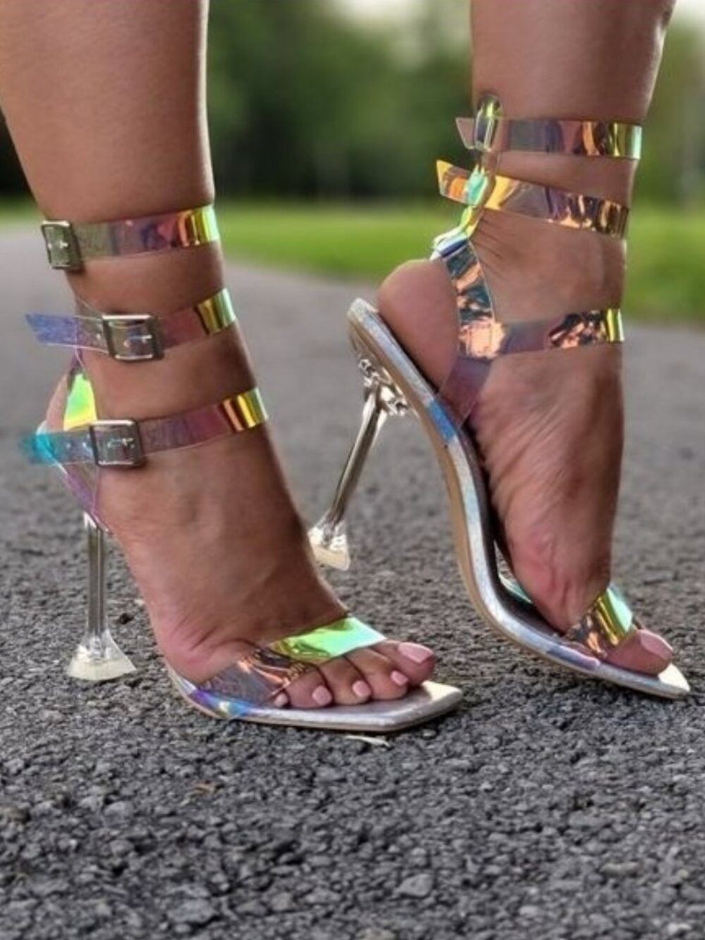 Women’s Strappy Hologram Sandal Pumps Open Toe Spool Heel